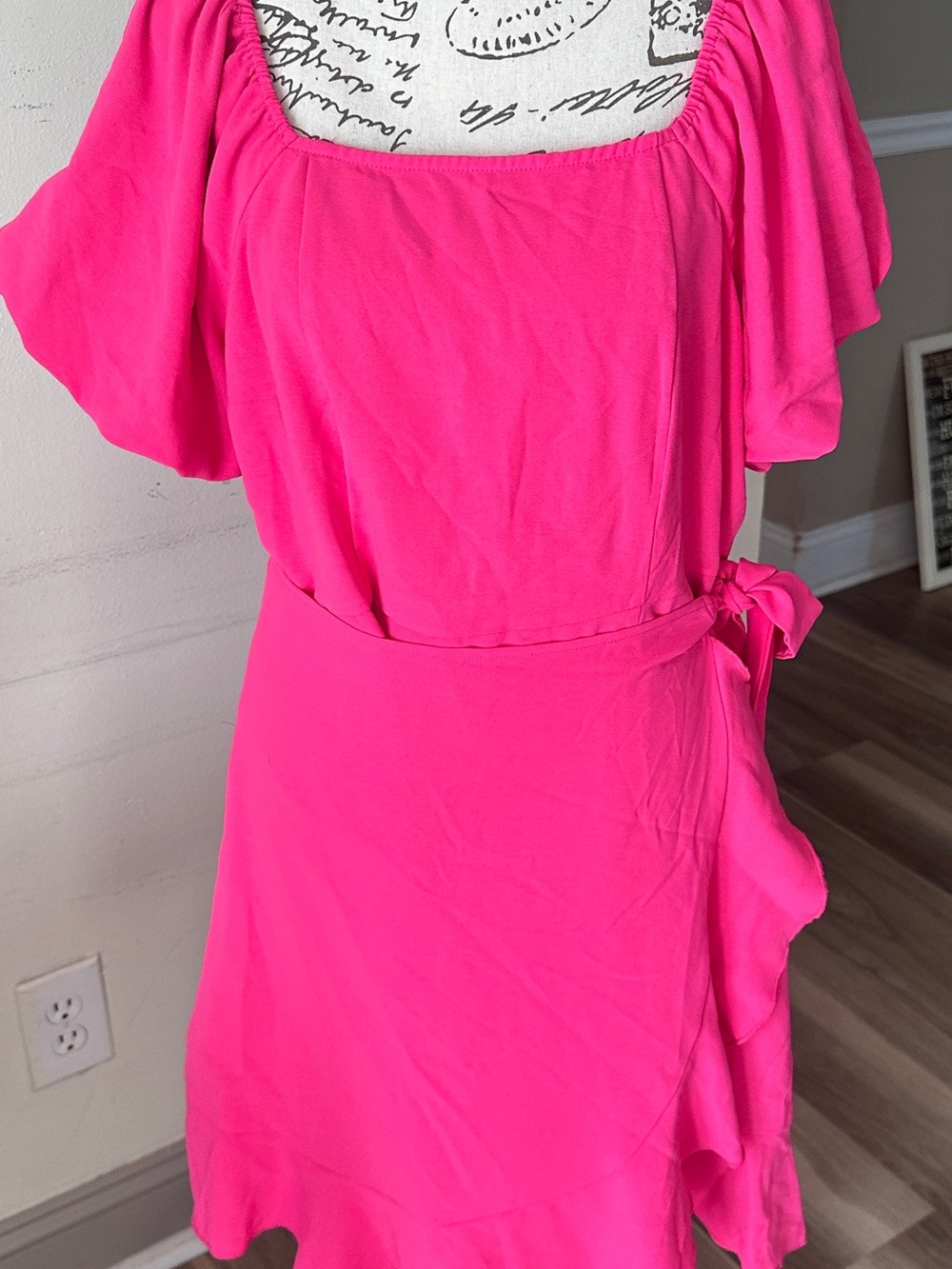Women's Hot Pink Square-Neck Mini Wrap Dress